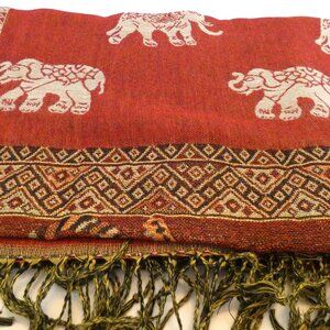 Silk Cashmere Scarf Red Brown Thailand Gold Embossed Elephants Lucky Pashmina NW